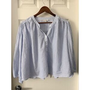 Free Assembly Women XL Blue White Striped Cotton Button Front Blouse